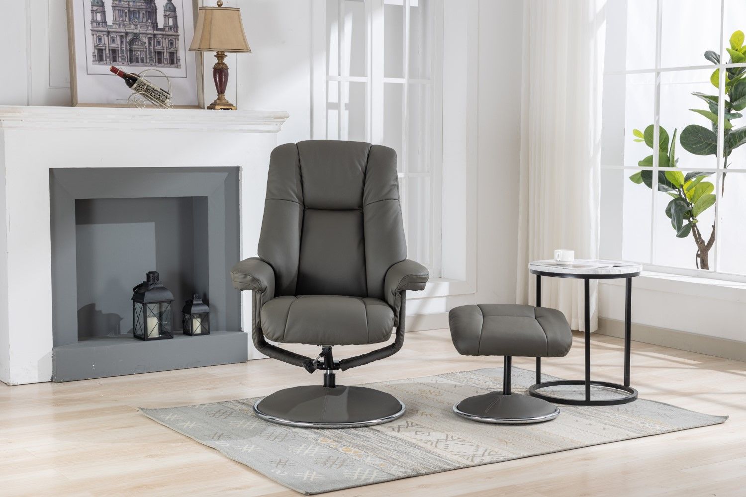 Cinder Leather Match Swivel Recliner Chair with Footstool