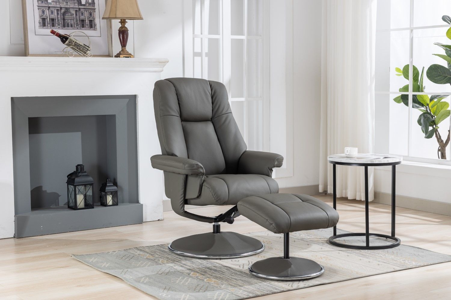 Cinder Leather Match Swivel Recliner Chair with Footstool