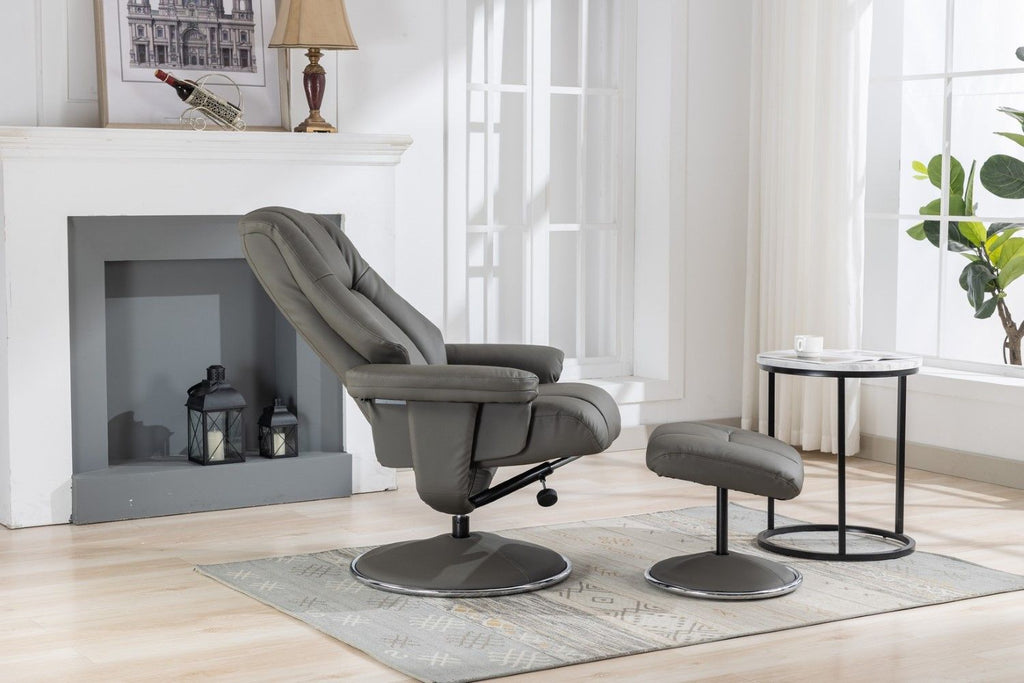 Cinder Leather Match Swivel Recliner Chair with Footstool