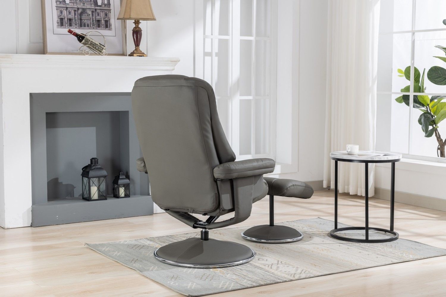Cinder Leather Match Swivel Recliner Chair with Footstool