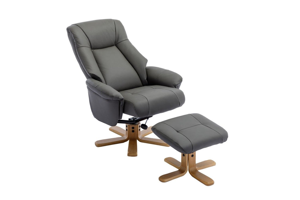 Cinder Leather Swivel Recliner with Footstool Oak Base