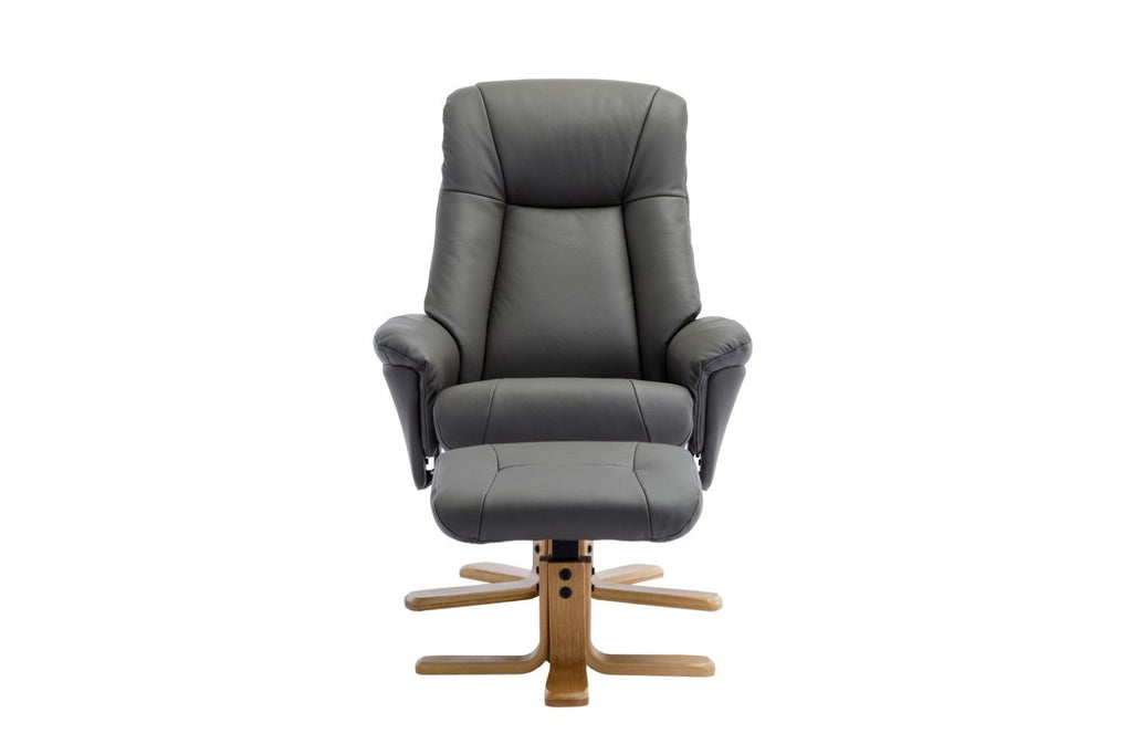 Cinder Leather Swivel Recliner with Footstool Oak Base