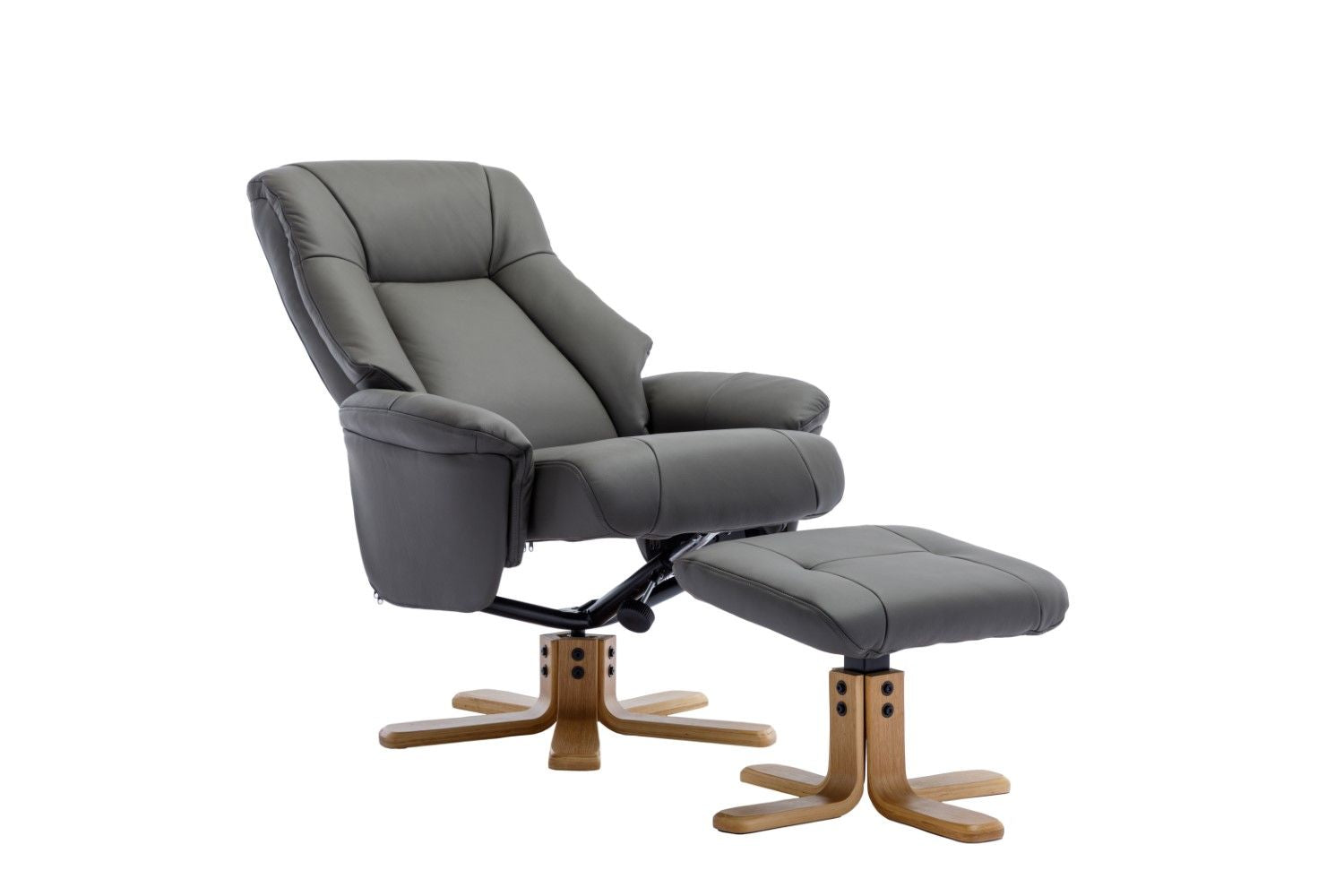 Cinder Leather Swivel Recliner with Footstool Oak Base