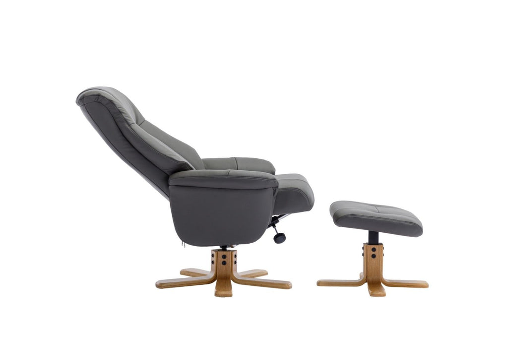 Cinder Leather Swivel Recliner with Footstool Oak Base