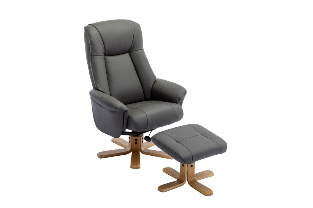 Cinder Leather Swivel Recliner with Footstool Oak Base