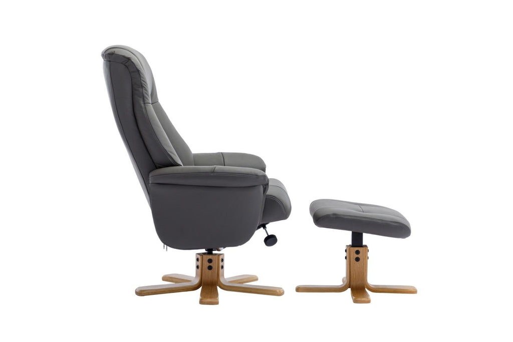 Cinder Leather Swivel Recliner with Footstool Oak Base