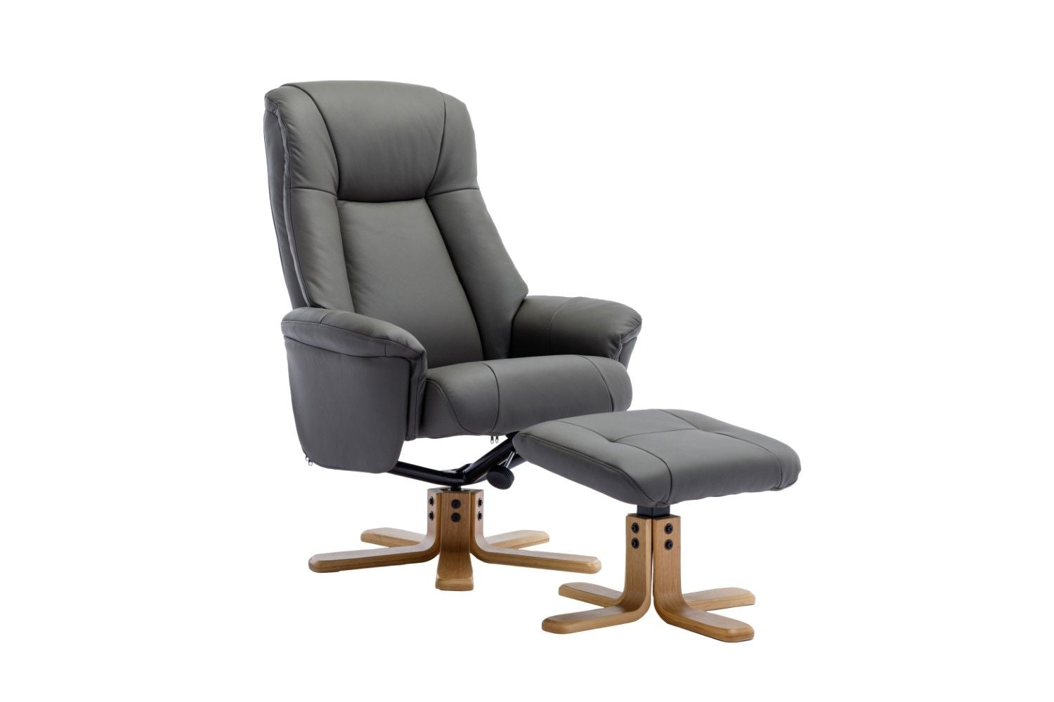 Cinder Leather Swivel Recliner with Footstool Oak Base