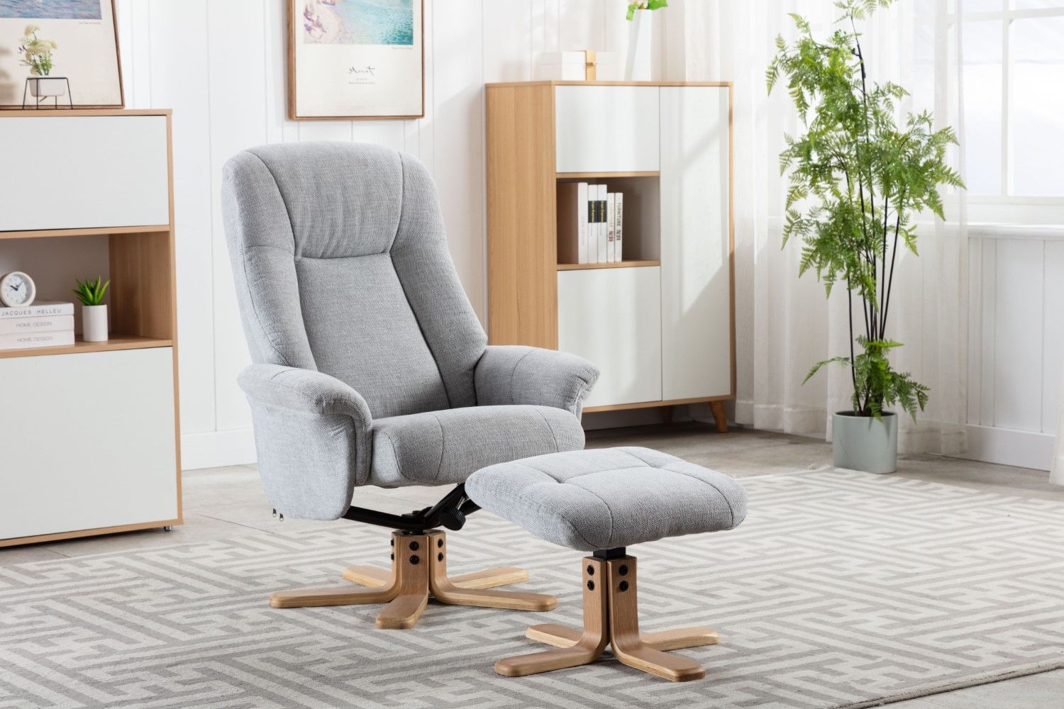 Cloud Fabric Swivel Recliner with Footstool Oak Base
