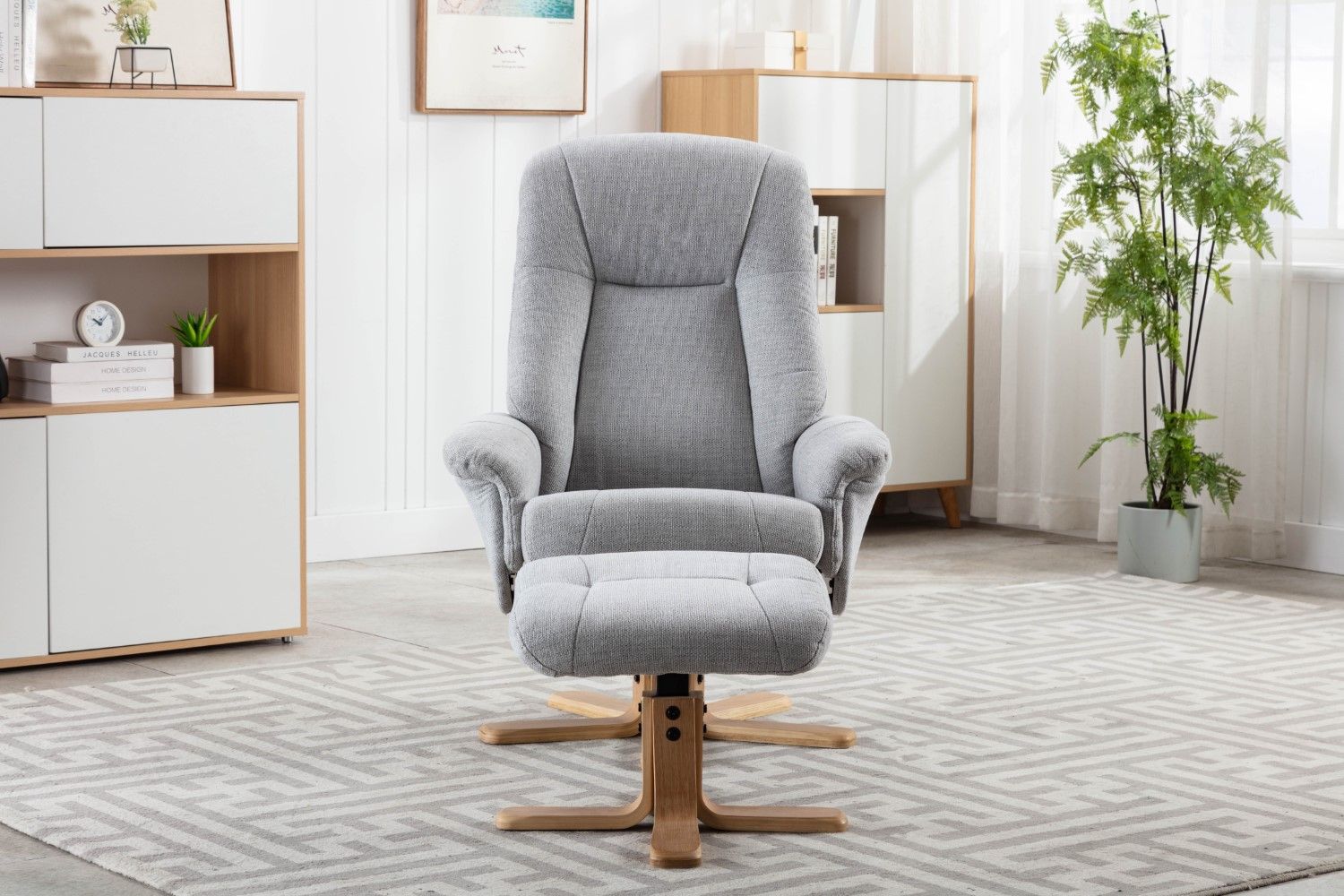 Cloud Fabric Swivel Recliner with Footstool Oak Base