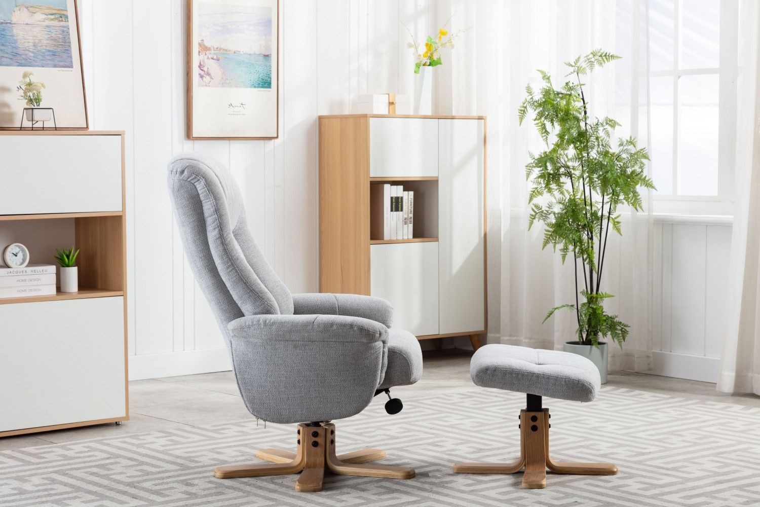 Cloud Fabric Swivel Recliner with Footstool Oak Base