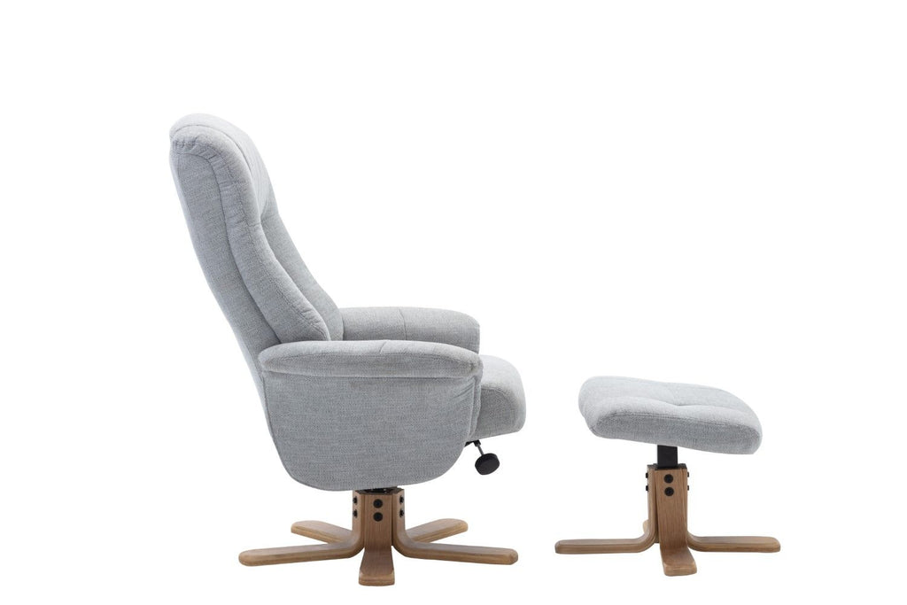 Cloud Fabric Swivel Recliner with Footstool Oak Base