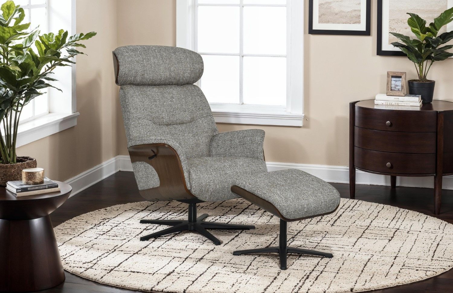 Cocoa Fabric Swivel Recliner with Footstool