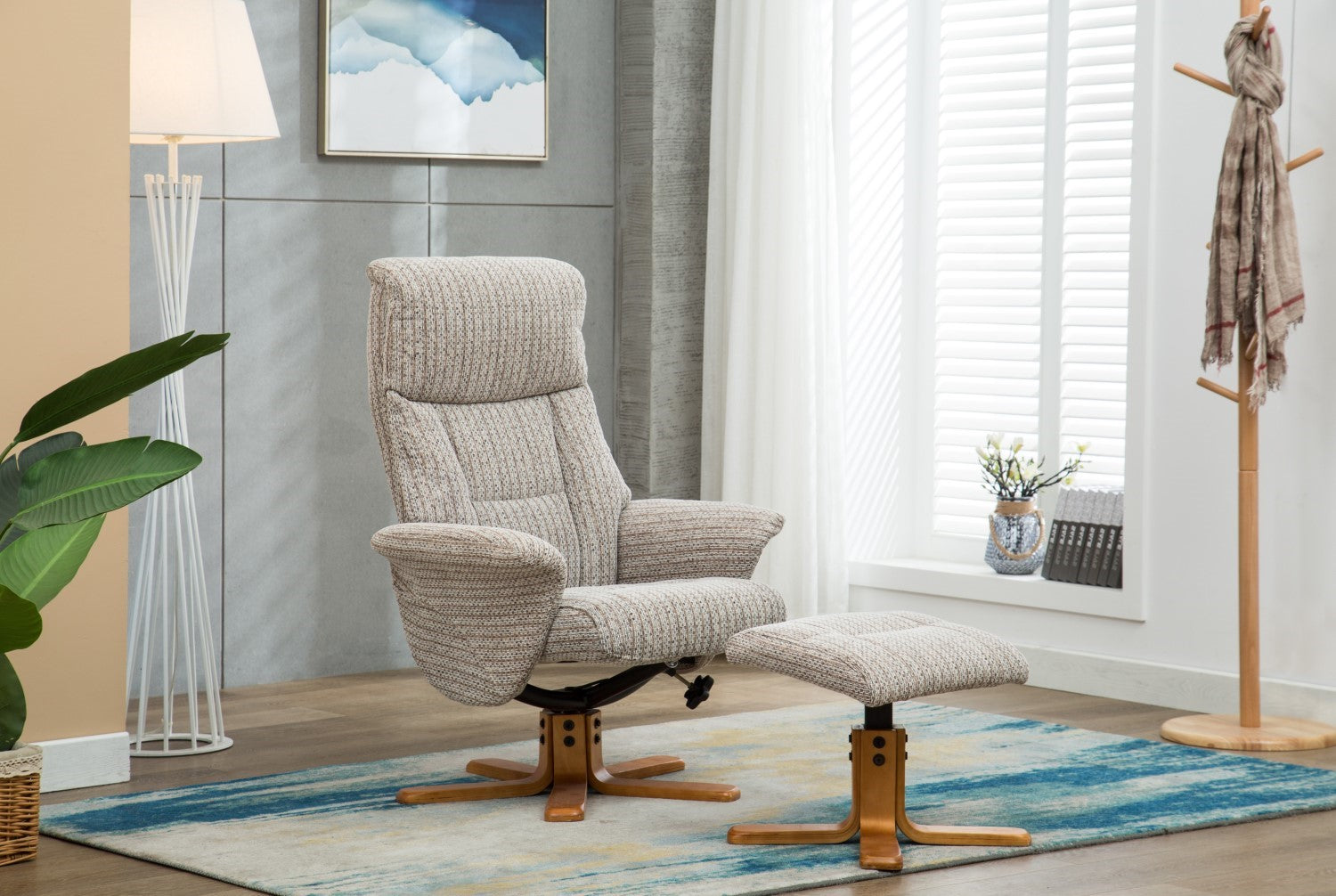 Cream Fabric Swivel Recliner and Footstool Set Cherry Base - Home Furniture Interiors