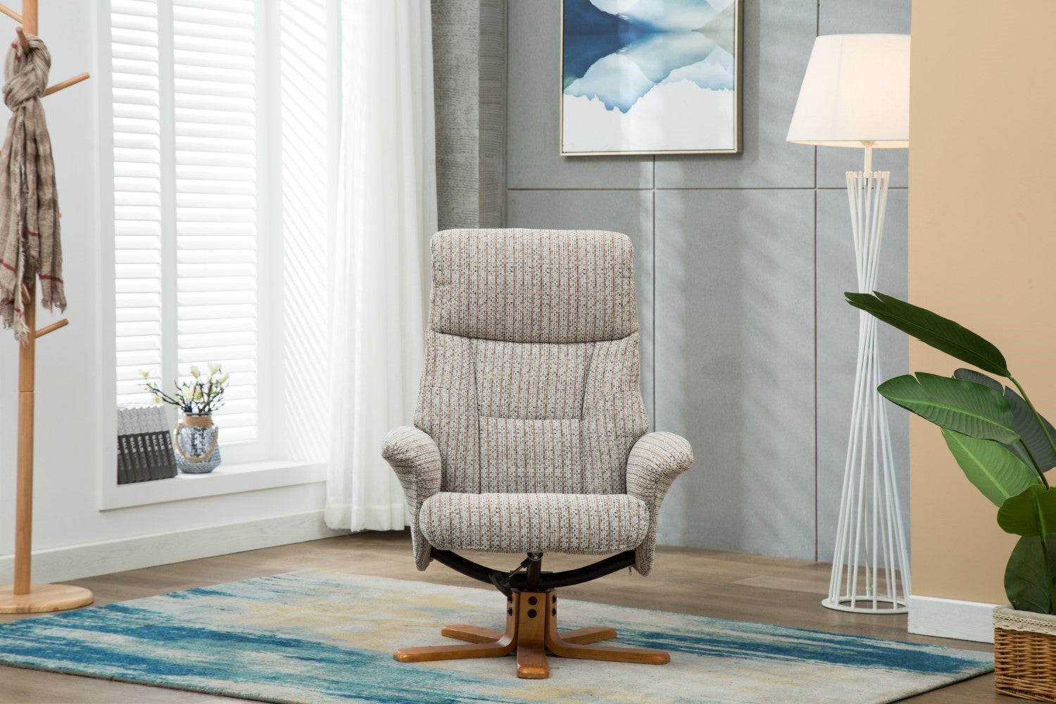 Cream Fabric Swivel Recliner and Footstool Set Cherry Base - Home Furniture Interiors