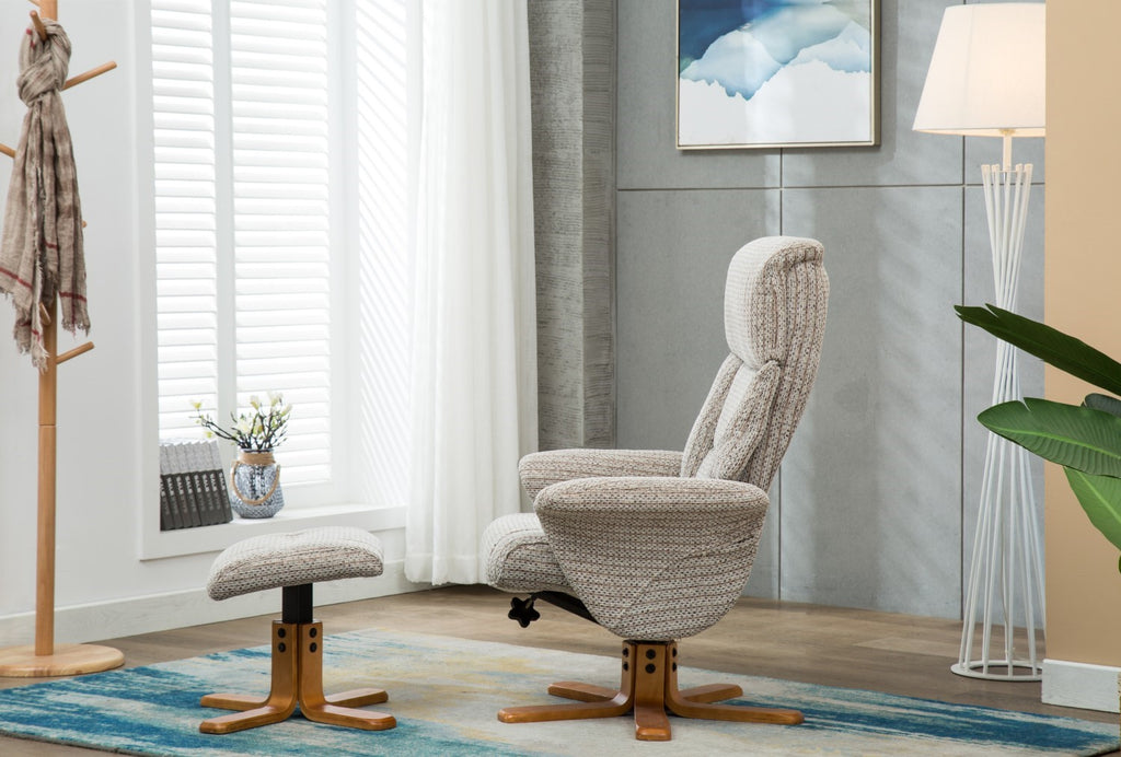 Cream Fabric Swivel Recliner and Footstool Set Cherry Base - Home Furniture Interiors