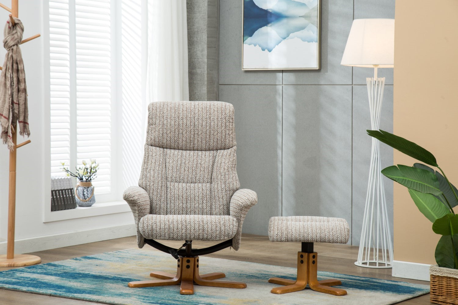 Cream Fabric Swivel Recliner and Footstool Set Cherry Base - Home Furniture Interiors