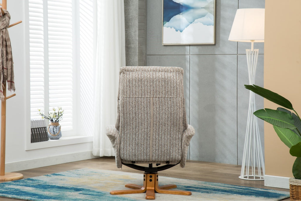 Cream Fabric Swivel Recliner and Footstool Set Cherry Base - Home Furniture Interiors