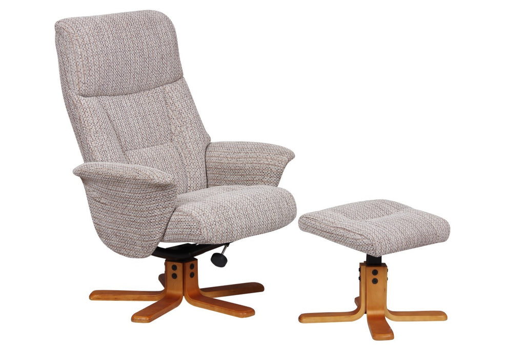 Cream Fabric Swivel Recliner and Footstool Set Cherry Base - Home Furniture Interiors