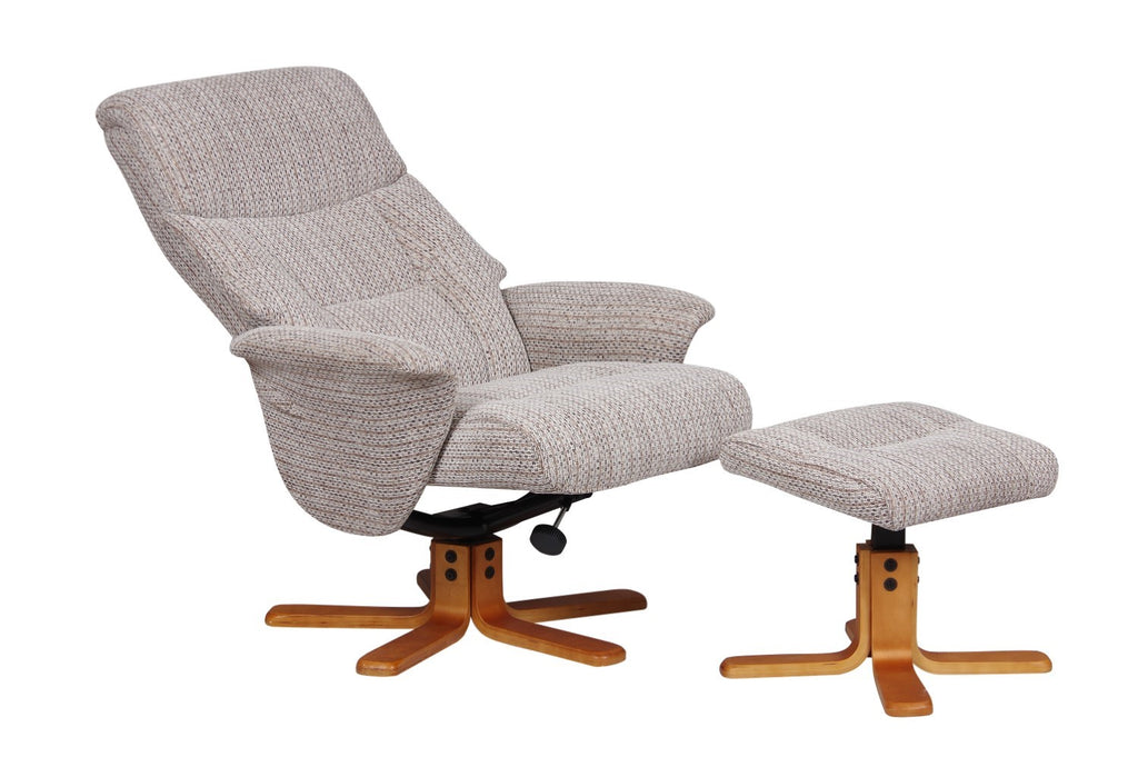Cream Fabric Swivel Recliner and Footstool Set Cherry Base - Home Furniture Interiors