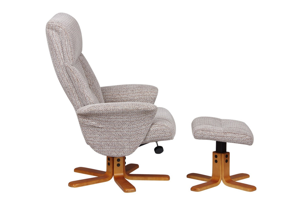 Cream Fabric Swivel Recliner and Footstool Set Cherry Base - Home Furniture Interiors