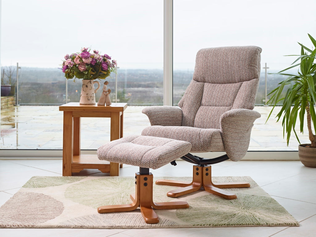 Cream Fabric Swivel Recliner and Footstool Set Cherry Base - Home Furniture Interiors