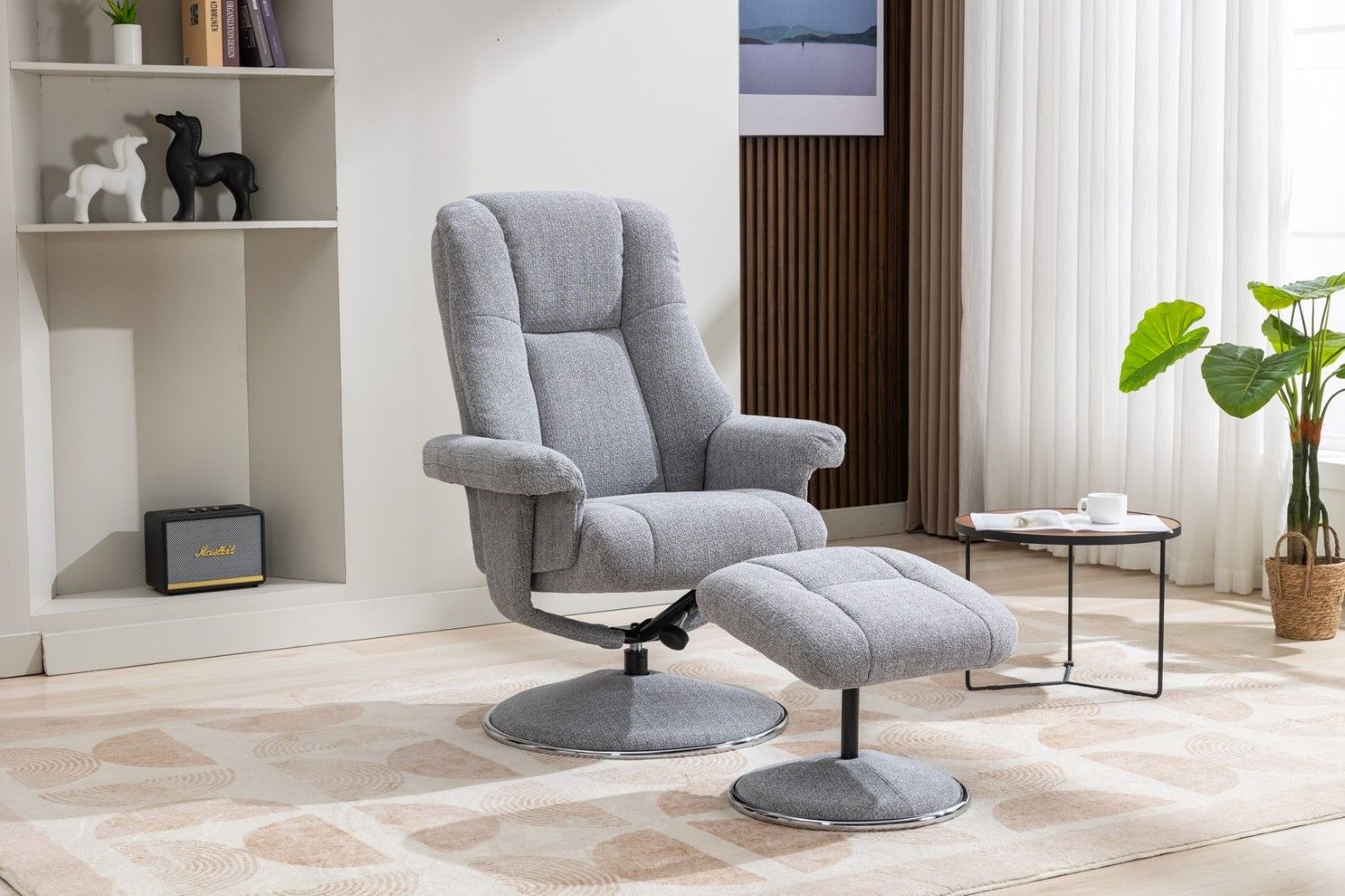 Dove Grey Fabric Swivel Recliner and Footstool Chrome Trim