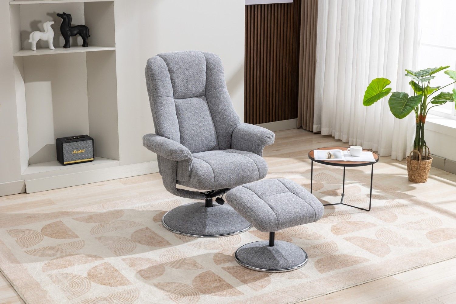 Dove Grey Fabric Swivel Recliner and Footstool Chrome Trim