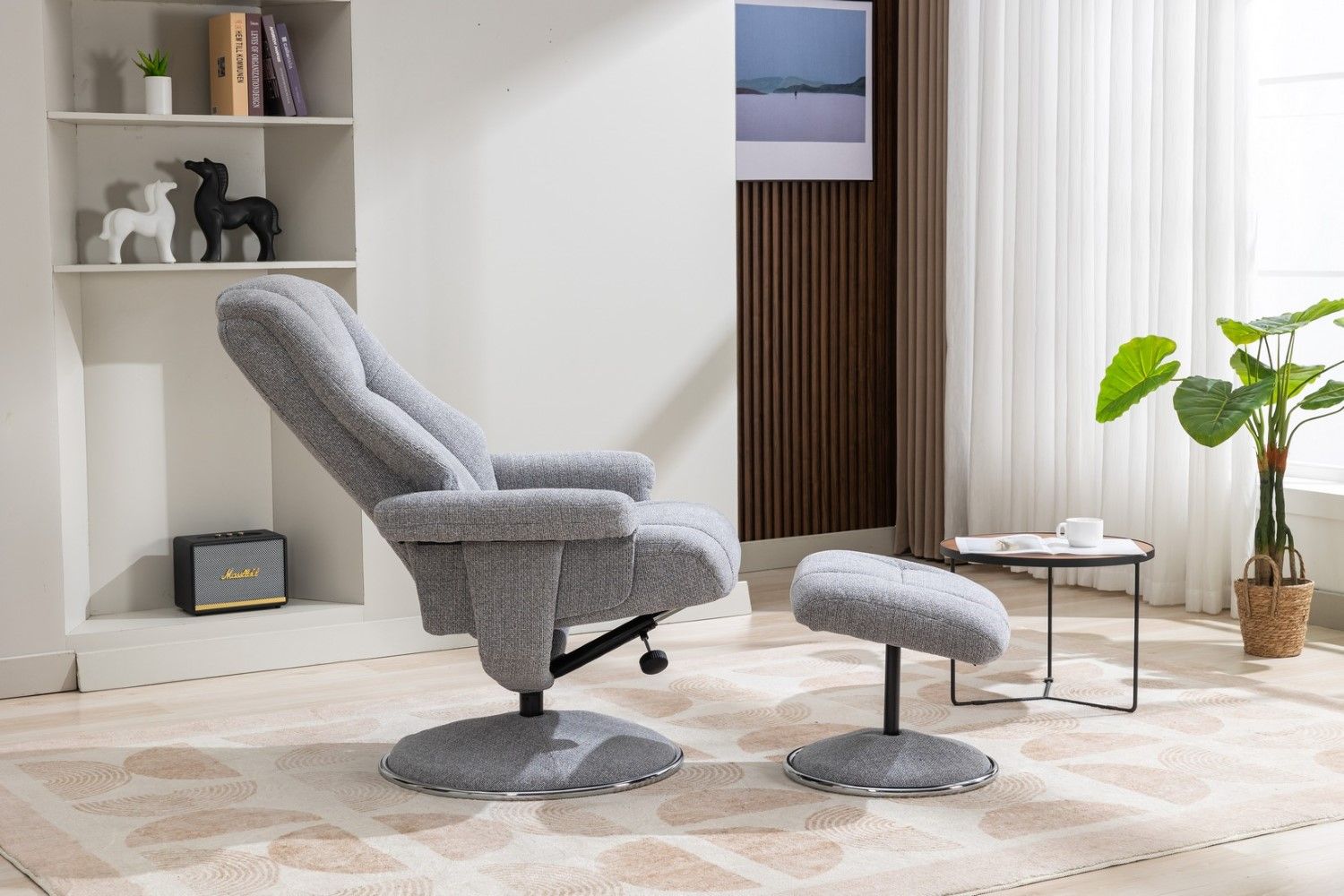 Dove Grey Fabric Swivel Recliner and Footstool Chrome Trim