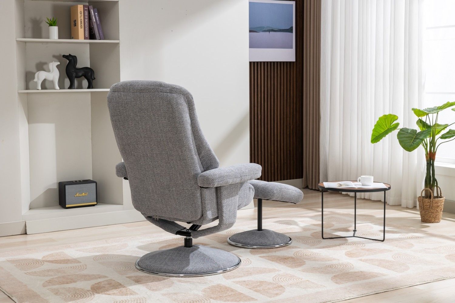 Dove Grey Fabric Swivel Recliner and Footstool Chrome Trim