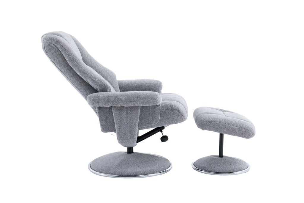 Dove Grey Fabric Swivel Recliner and Footstool Chrome Trim