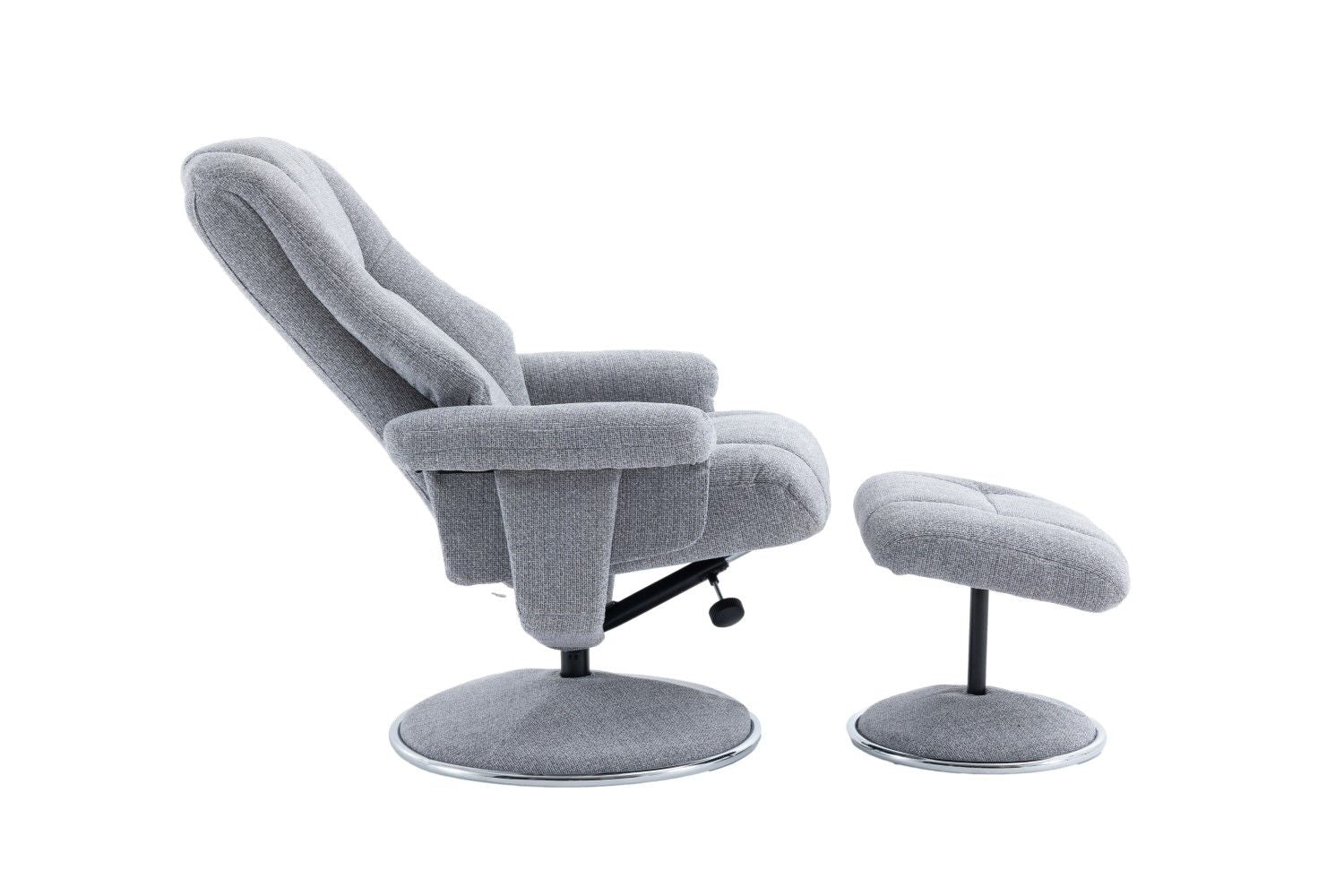 Dove Grey Fabric Swivel Recliner and Footstool Chrome Trim
