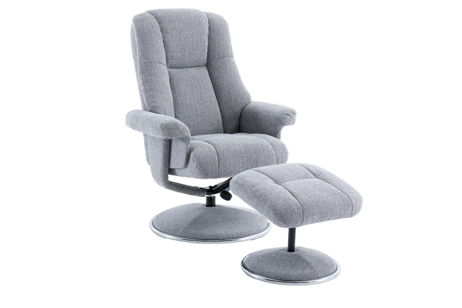Dove Grey Fabric Swivel Recliner and Footstool Chrome Trim