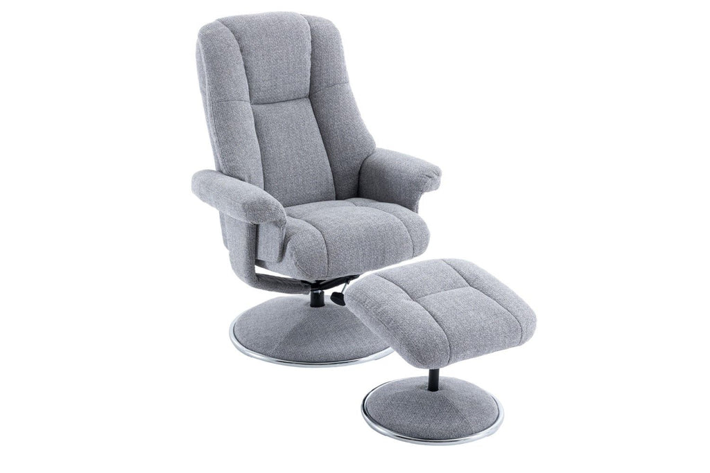 Dove Grey Fabric Swivel Recliner and Footstool Chrome Trim