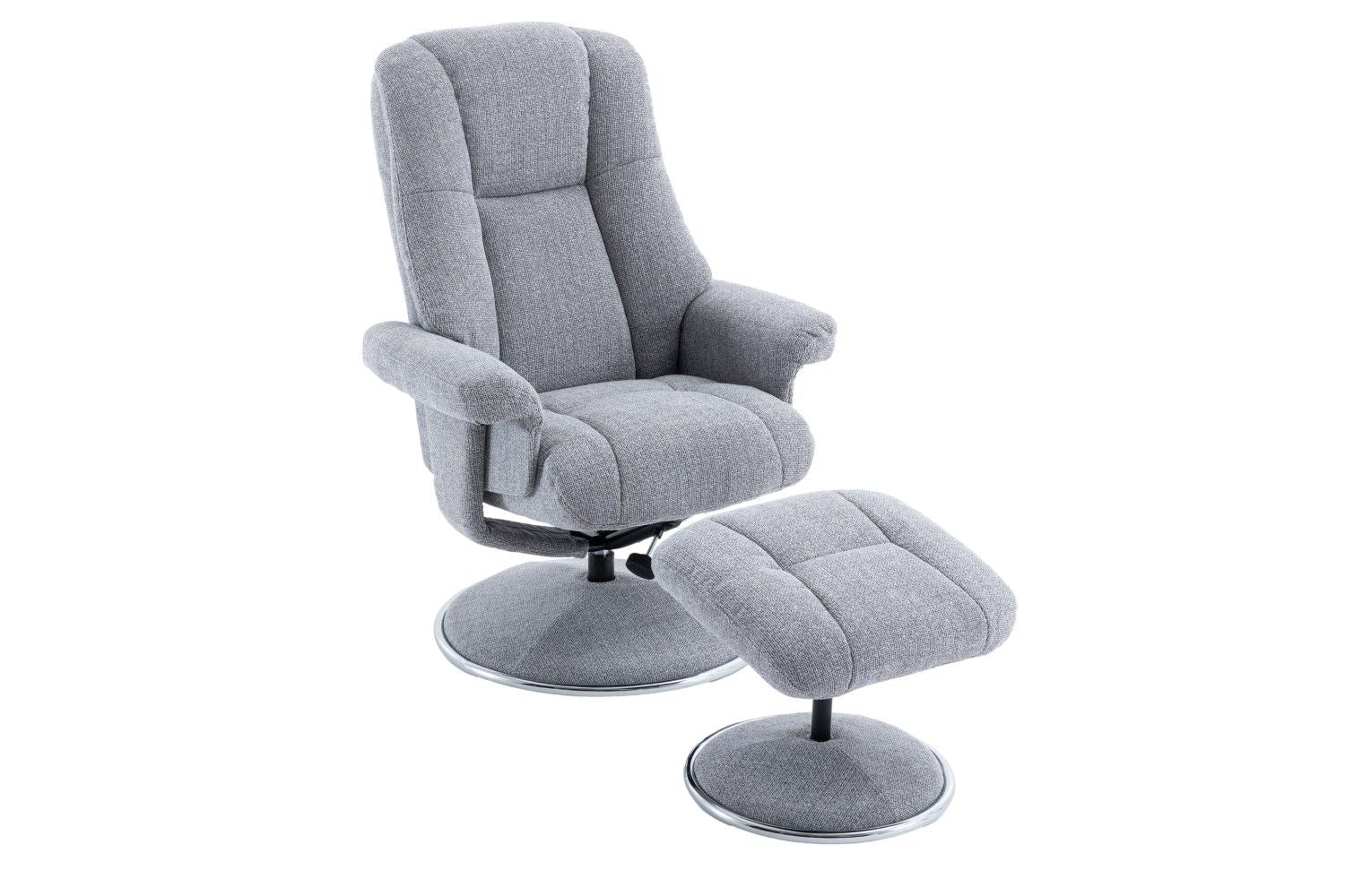 Dove Grey Fabric Swivel Recliner and Footstool Chrome Trim