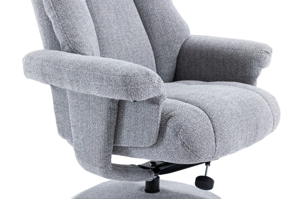 Dove Grey Fabric Swivel Recliner and Footstool Chrome Trim