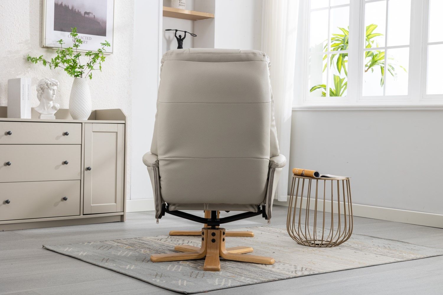 Mushroom Leather Effect Swivel Recliner Footstool Oak Base