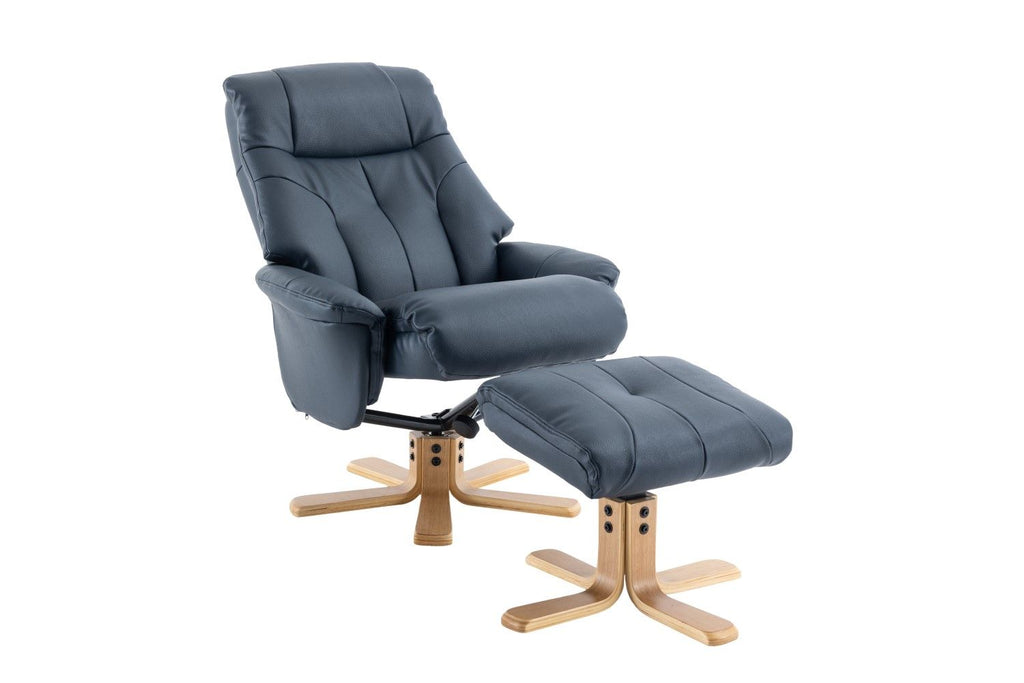 DUBAI Plush PU Navy Mid Oak Swivel Recliner And Footstool
