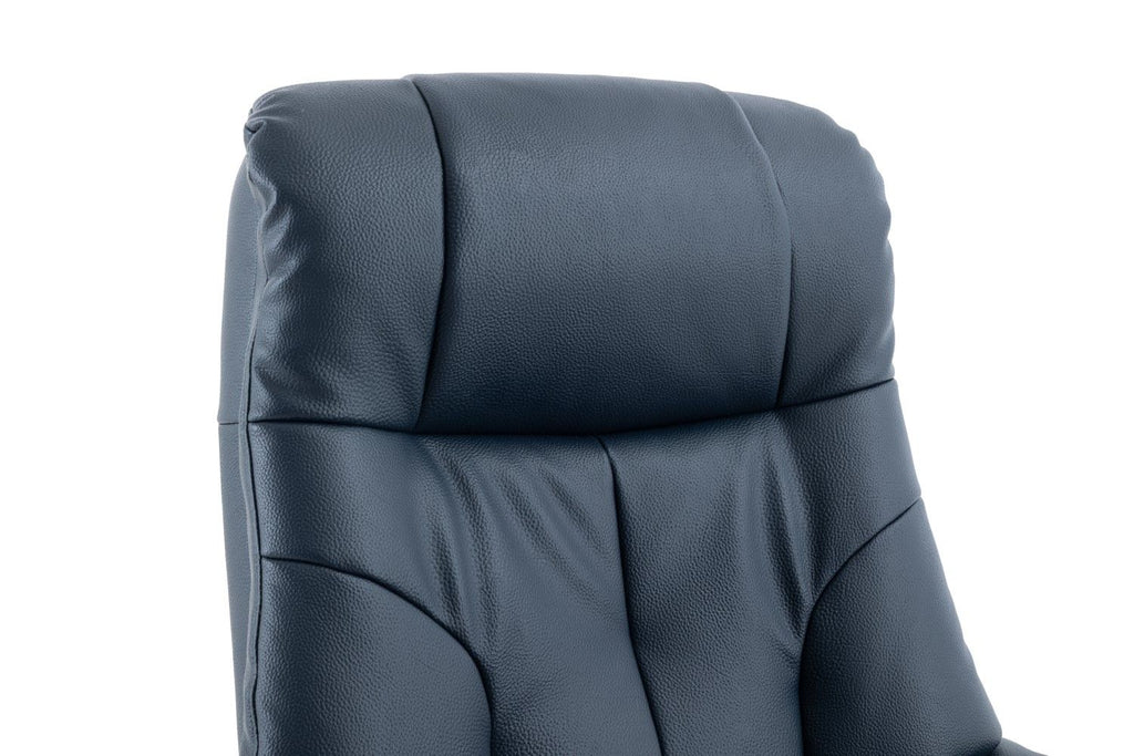 Navy Blue Leather Effect Swivel Recliner Footstool Oak Base
