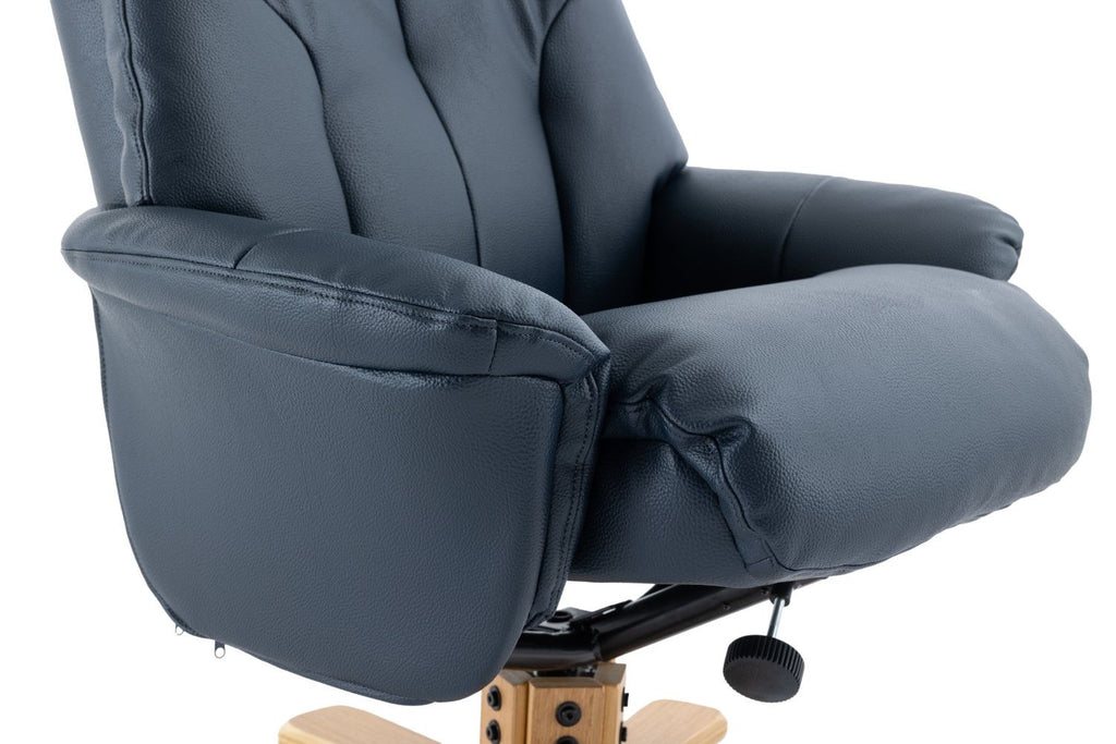 Navy Blue Leather Effect Swivel Recliner Footstool Oak Base