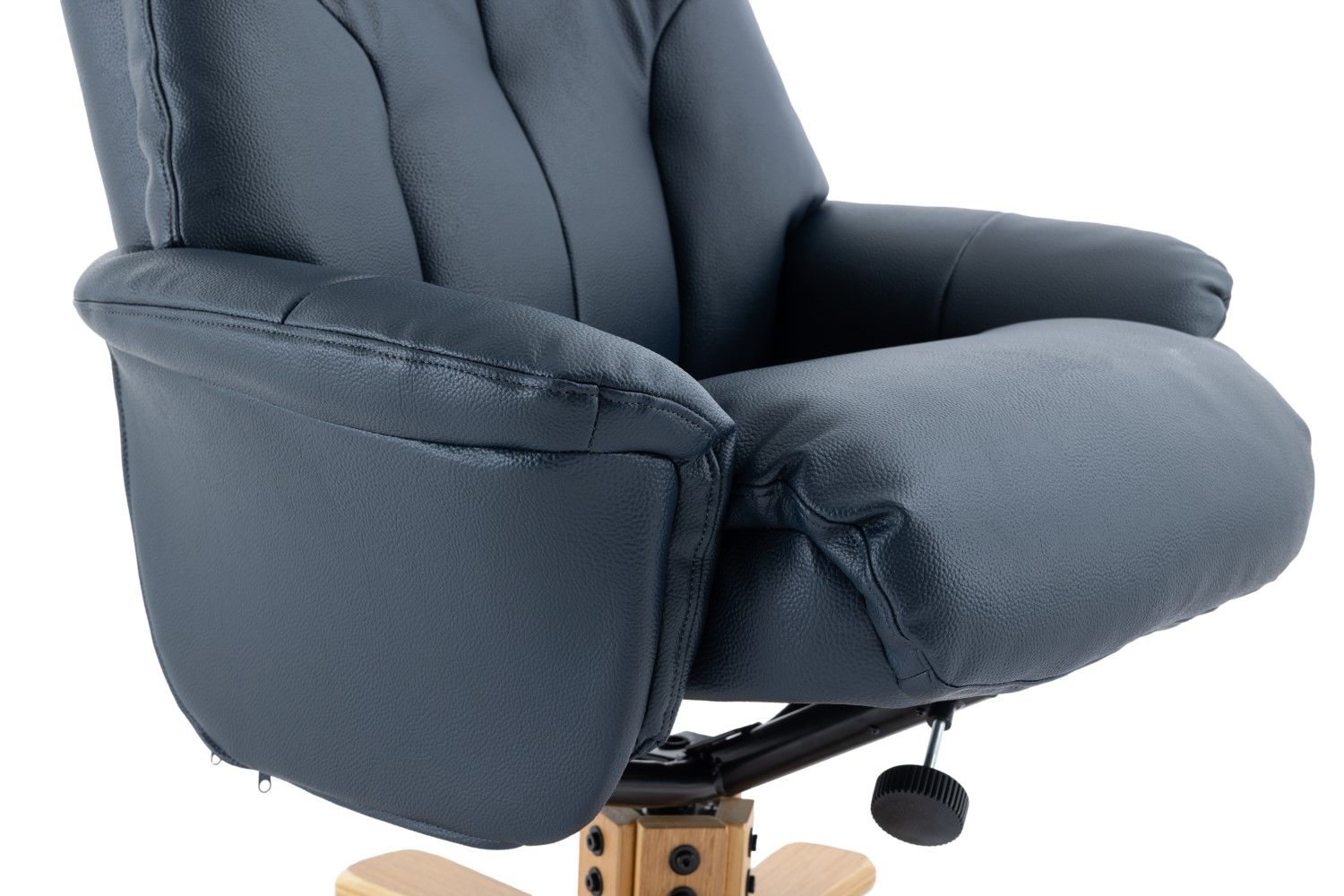 Navy Blue Leather Effect Swivel Recliner Footstool Oak Base