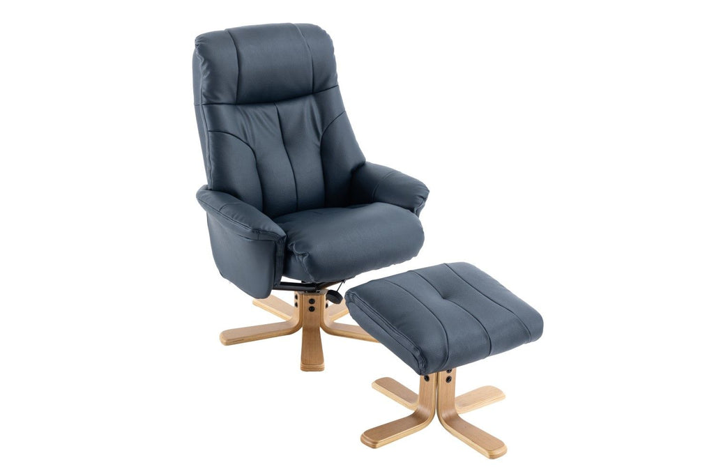 Navy Blue Leather Effect Swivel Recliner Footstool Oak Base
