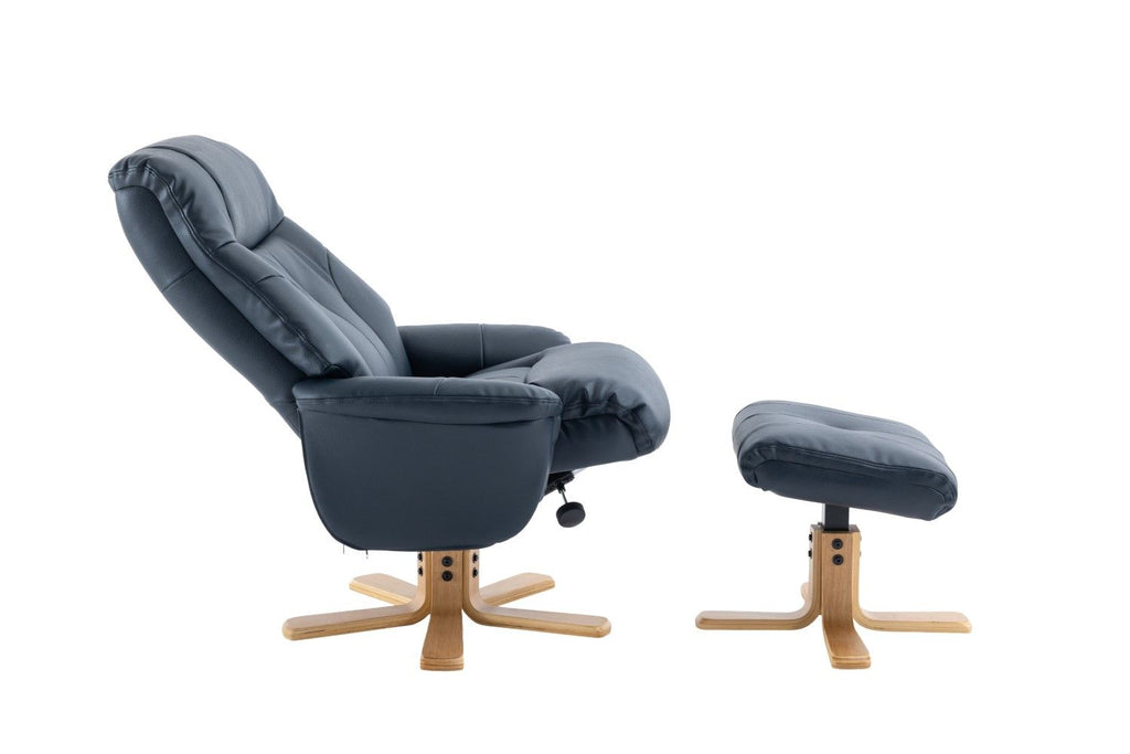 Navy Blue Leather Effect Swivel Recliner Footstool Oak Base