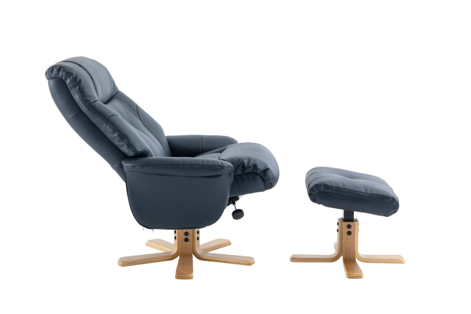 Navy Blue Leather Effect Swivel Recliner Footstool Oak Base