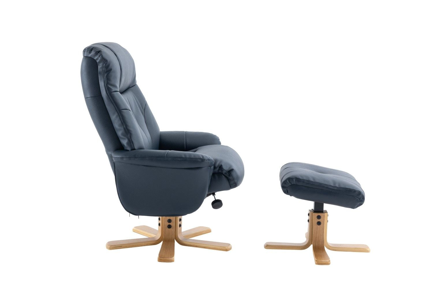 Navy Blue Leather Effect Swivel Recliner Footstool Oak Base