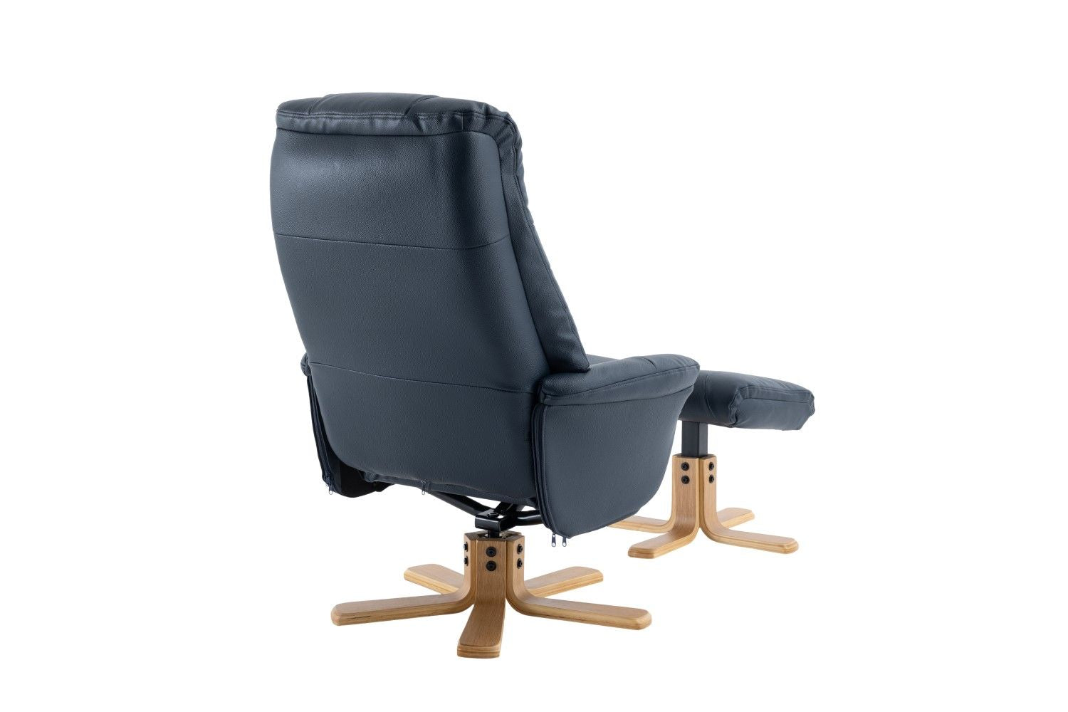 Navy Blue Leather Effect Swivel Recliner Footstool Oak Base