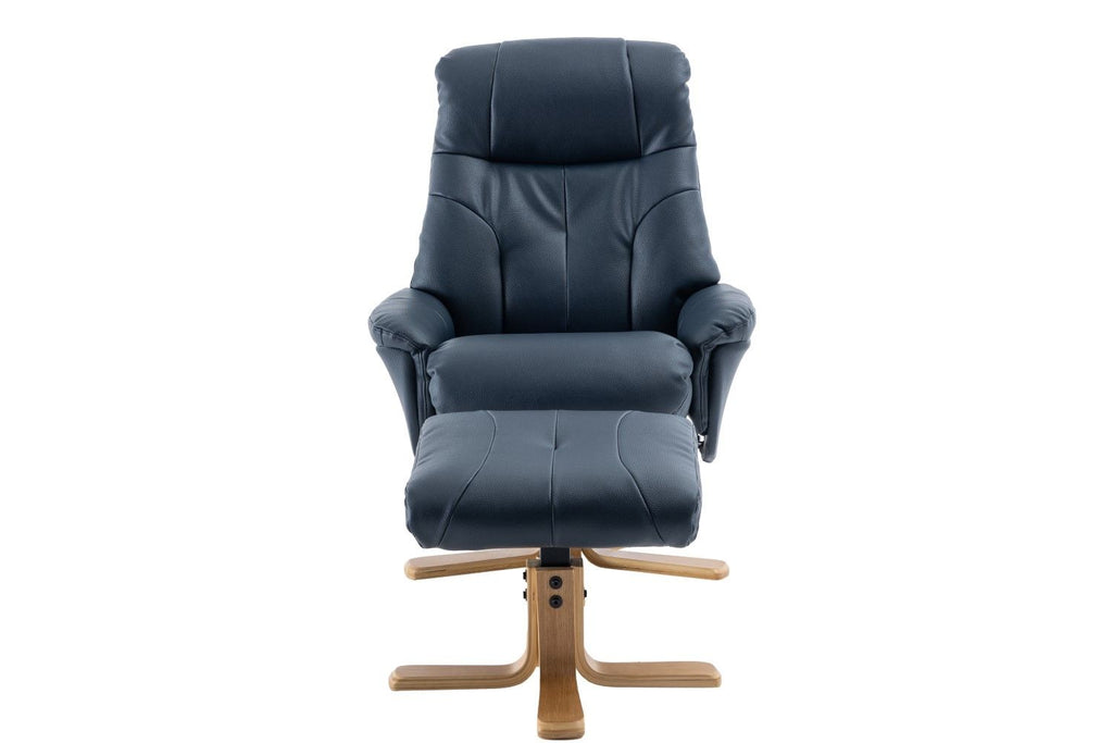 Navy Blue Leather Effect Swivel Recliner Footstool Oak Base