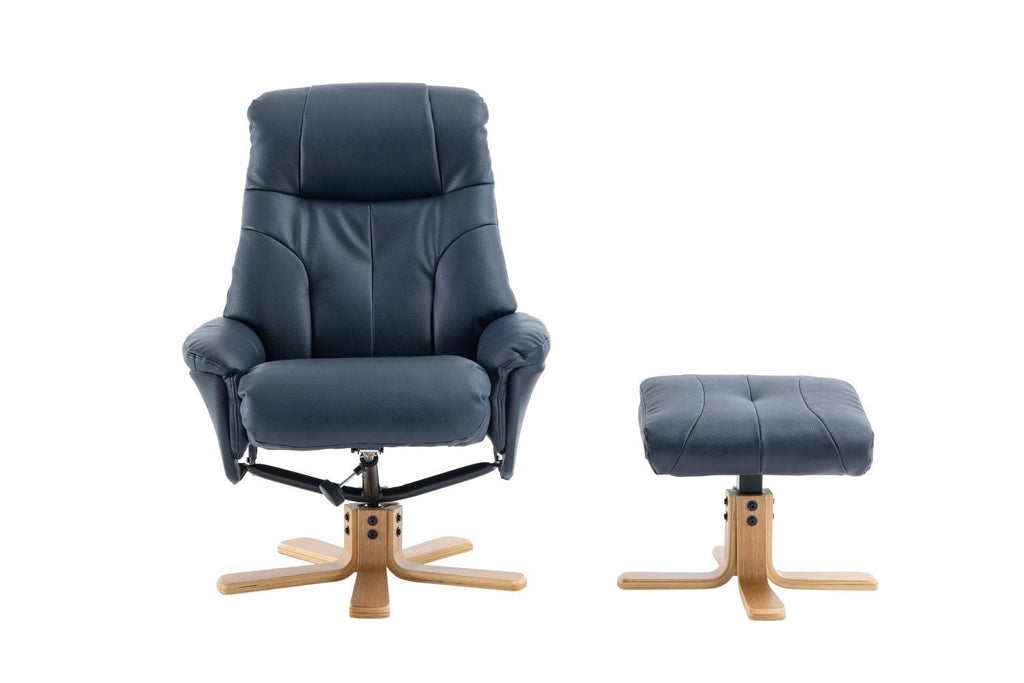 Navy Blue Leather Effect Swivel Recliner Footstool Oak Base