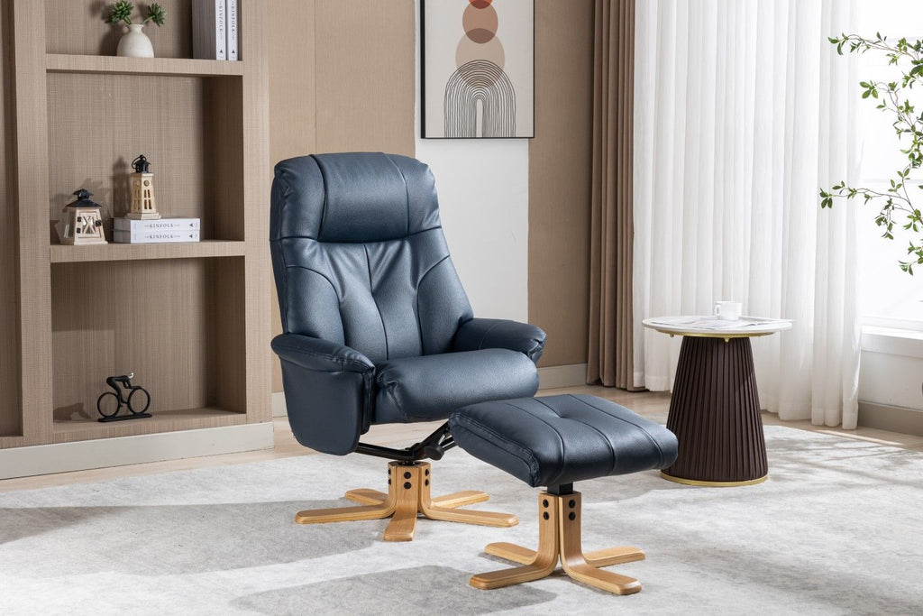 Navy Blue Leather Effect Swivel Recliner Footstool Oak Base