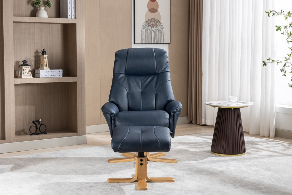Navy Blue Leather Effect Swivel Recliner Footstool Oak Base