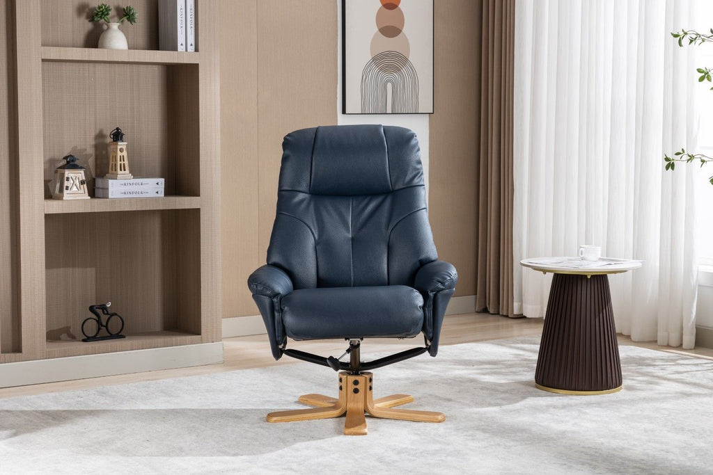 Navy Blue Leather Effect Swivel Recliner Footstool Oak Base